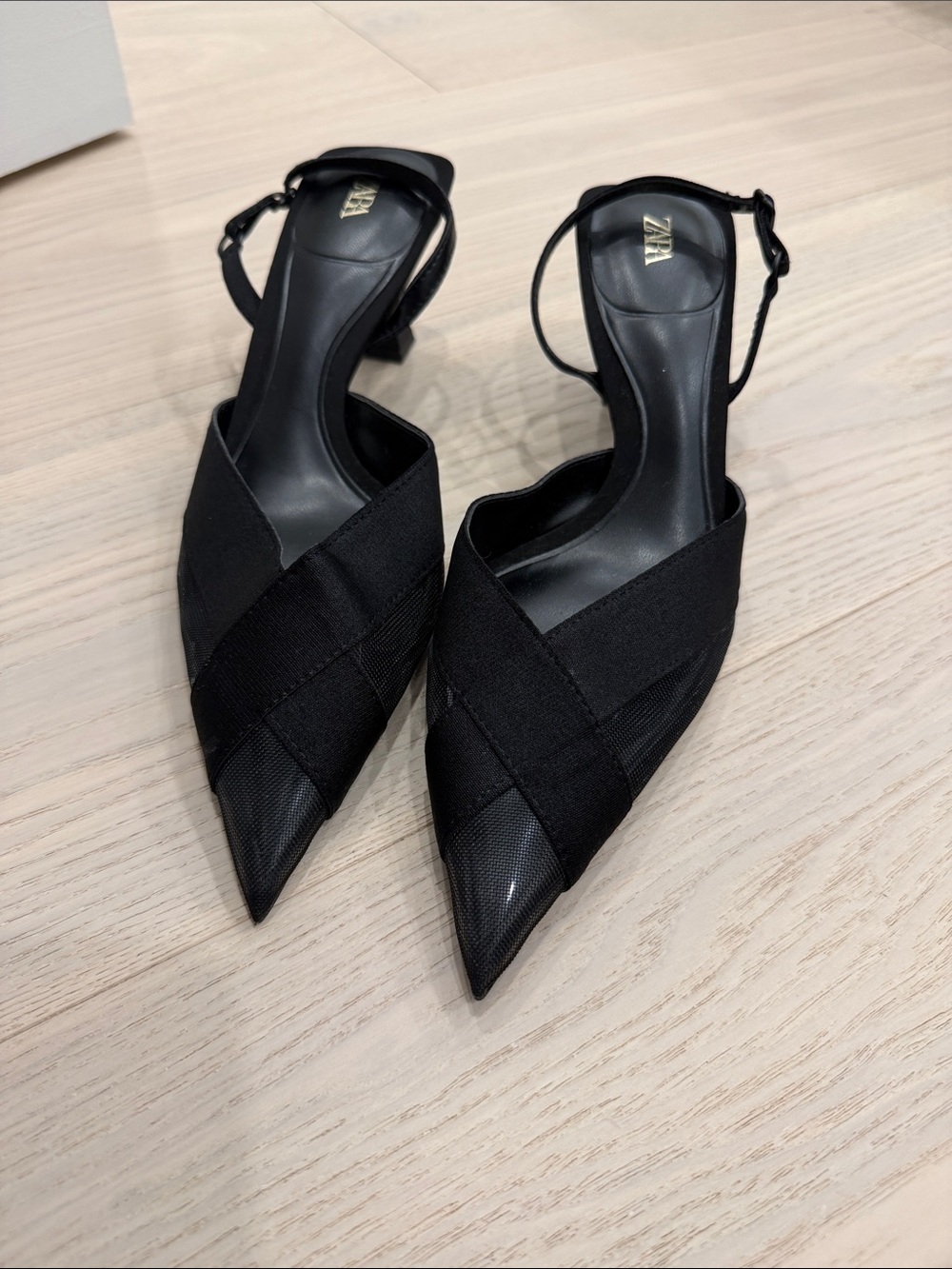 Zara Black Pointed Cross-Band Slingback Heels
